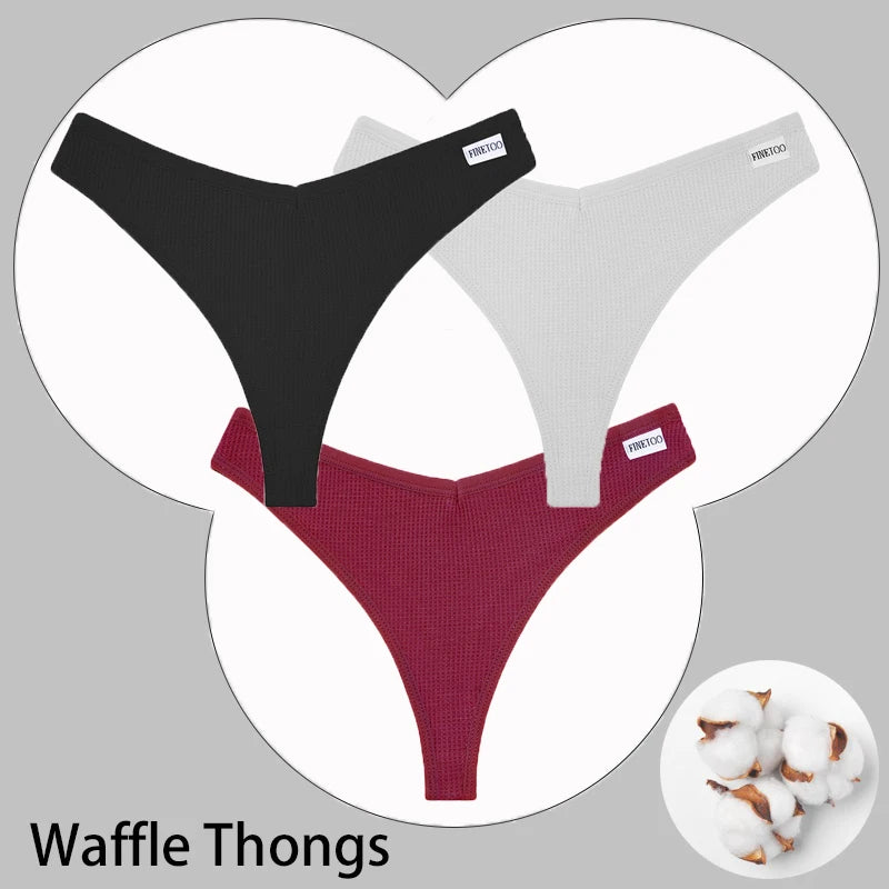 CowLost | activewear-pants-3pcs-cotton-waffle-women-s-sexy-thong-panties-set |55