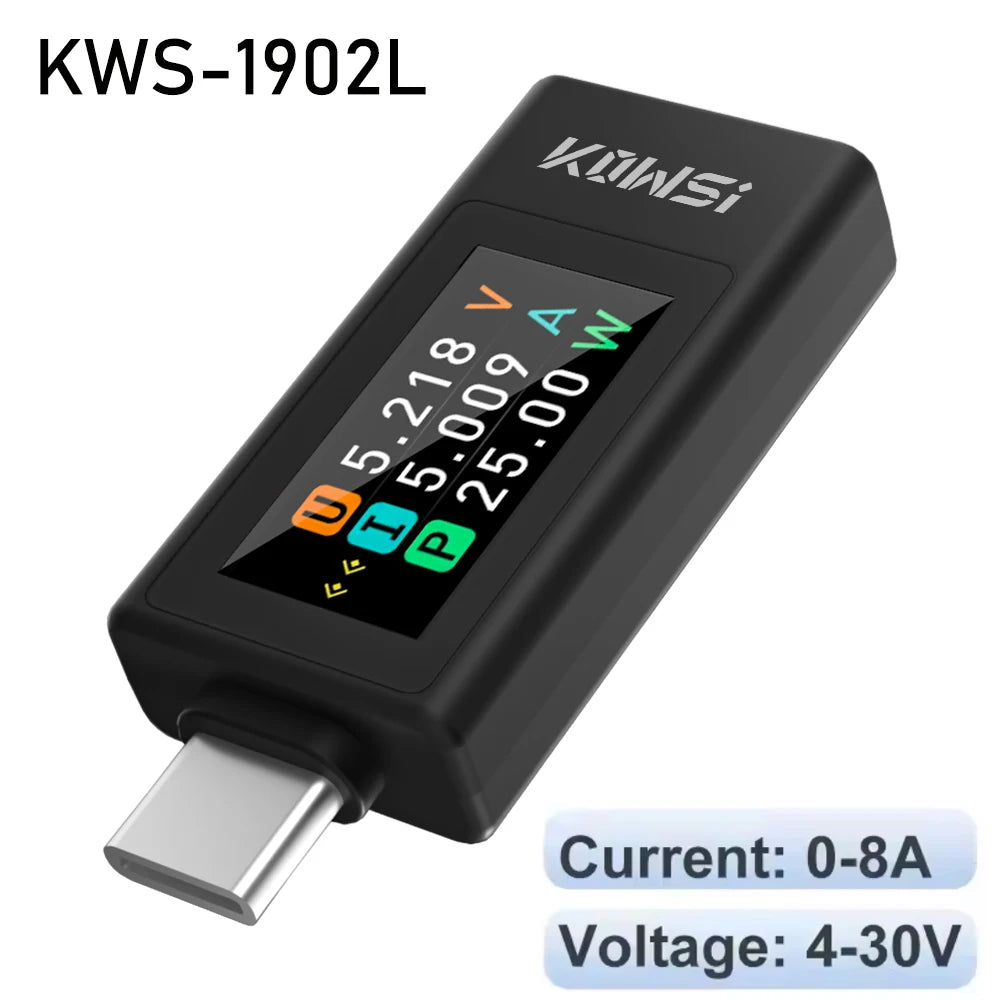 KWS-1902L Type-C Digital Voltmeter Ammeter 4-30V 0-8A Color Screen Power Bank Tester