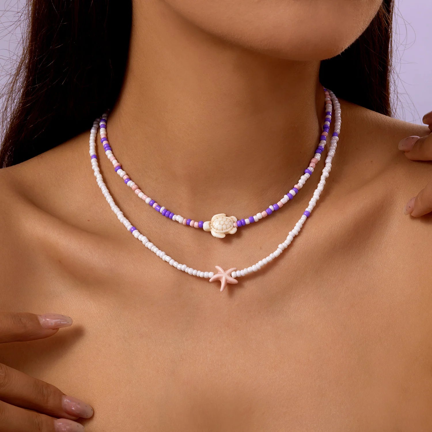 CowLost | bohemian-double-beaded-starfish-turtle-pendant-necklace-for-women-colorful-seed-bead-clavicle-chain-choker-beach-party-jewelry |2