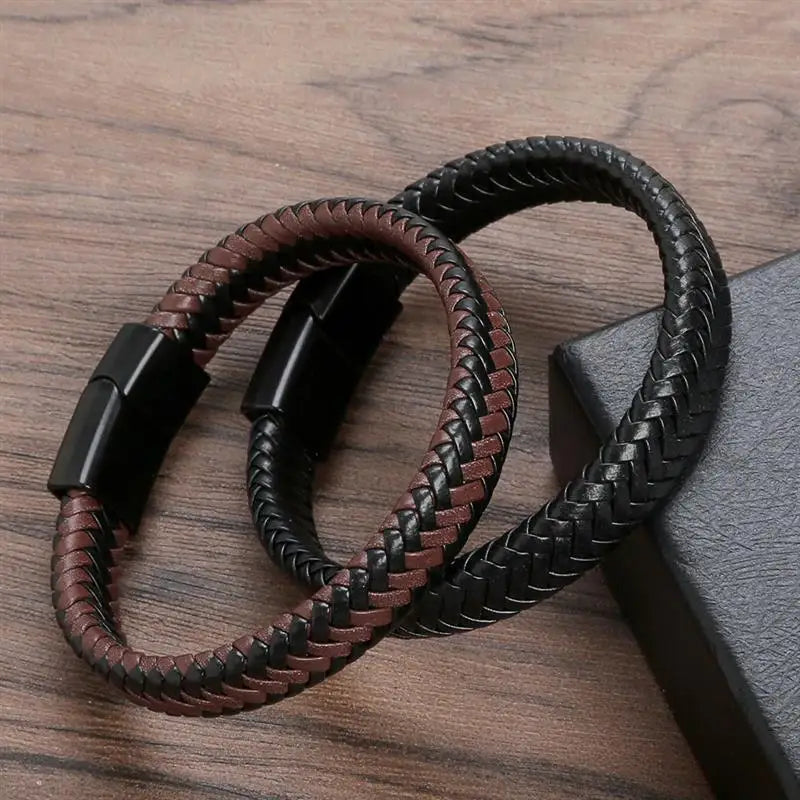 CowLost | jiayiqi-punk-men-jewelry-black-braided-leather-bracelet-stainless-steel-magnetic-clasp |9