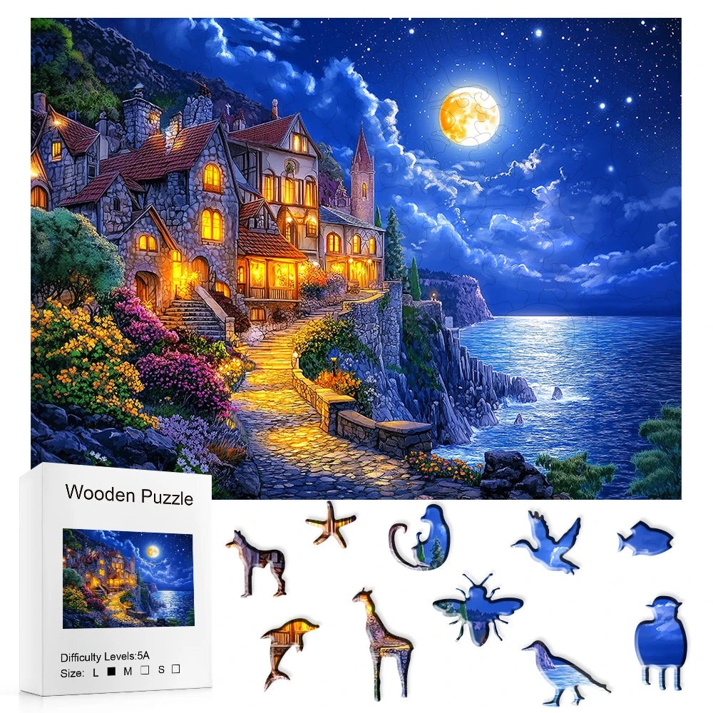CowLost | product_id-moonlit-coastal-castle-wooden-jigsaw-puzzle-with-animal-shaped-pieces-for-adults-gift |1
