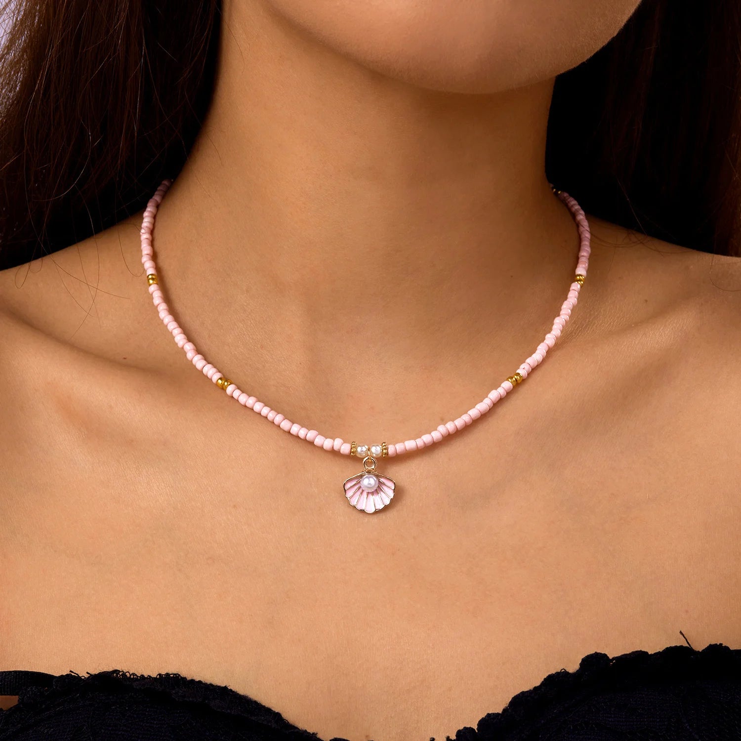 CowLost | boho-bohemian-sea-shell-starfish-pendant-necklaces-for-women-double-layered-tortoise-imitation-pearl-bead-chain-beach-jewelry |7