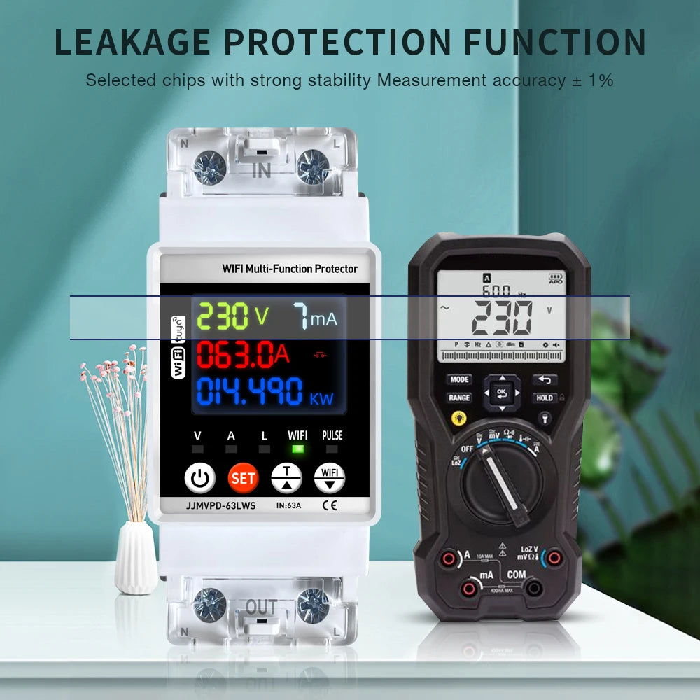Tuya WiFi Smart Power Meter 63A Energy Switch with Automatic Protector and Voltage Tester