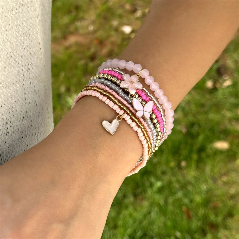 CowLost | 9-pcs-bohemian-beaded-bracelet-set-for-women-love-heart-butterfly-flower-pendant-colorful-beads |8