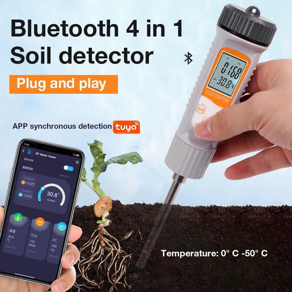 JUANJUAN Tuya Bluetooth 4-in-1 Soil Tester EC TDS CF Temp Digital Soil Nutrient Analyzer for Hydroponics Garden