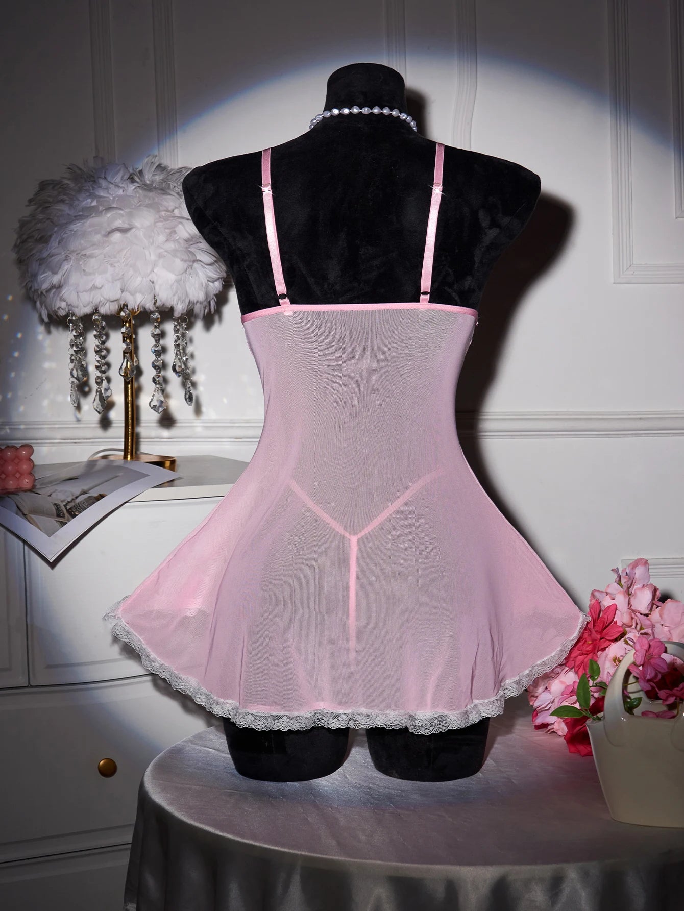 CowLost | pink-transparent-ultra-thin-hot-nightgown-womens-pajamas-with-thongs-lace |4