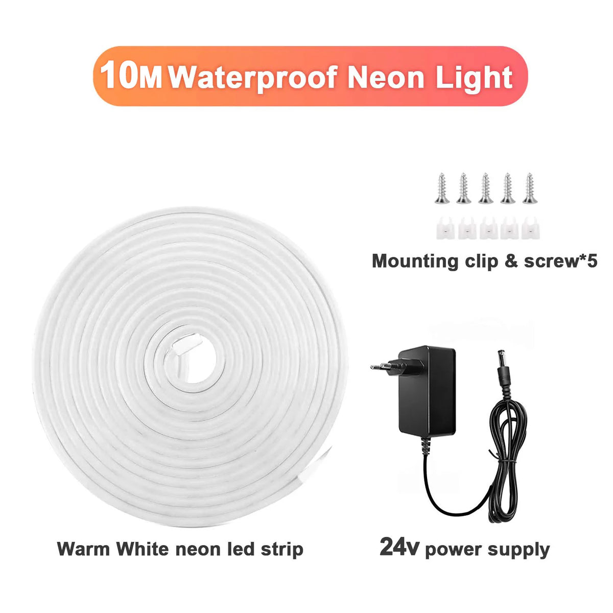 10M Warm White Neon LED Strip 120 LEDs/m IP65 Waterproof Cuttable for Indoor Outdoor Decor