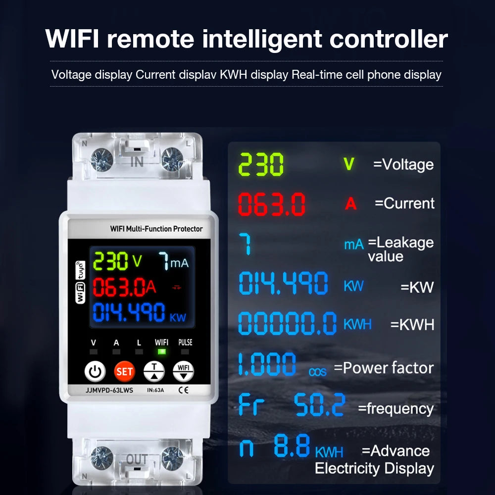 Tuya WiFi Smart Power Meter 63A Energy Switch with Automatic Protector and Voltage Tester