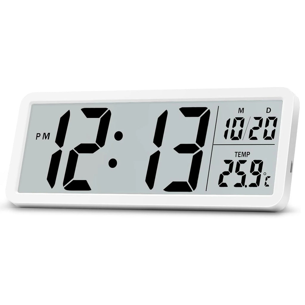 8 Inch LCD Digital Clock with Time, Date & Temperature Display – Dual Power Wall/Desktop Electronic Clock