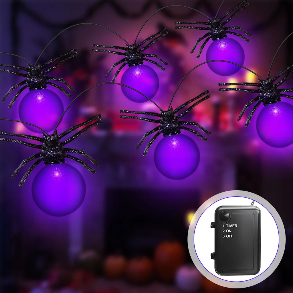 Battery Powered Purple LED Spider String Lights for Halloween and Christmas Decor