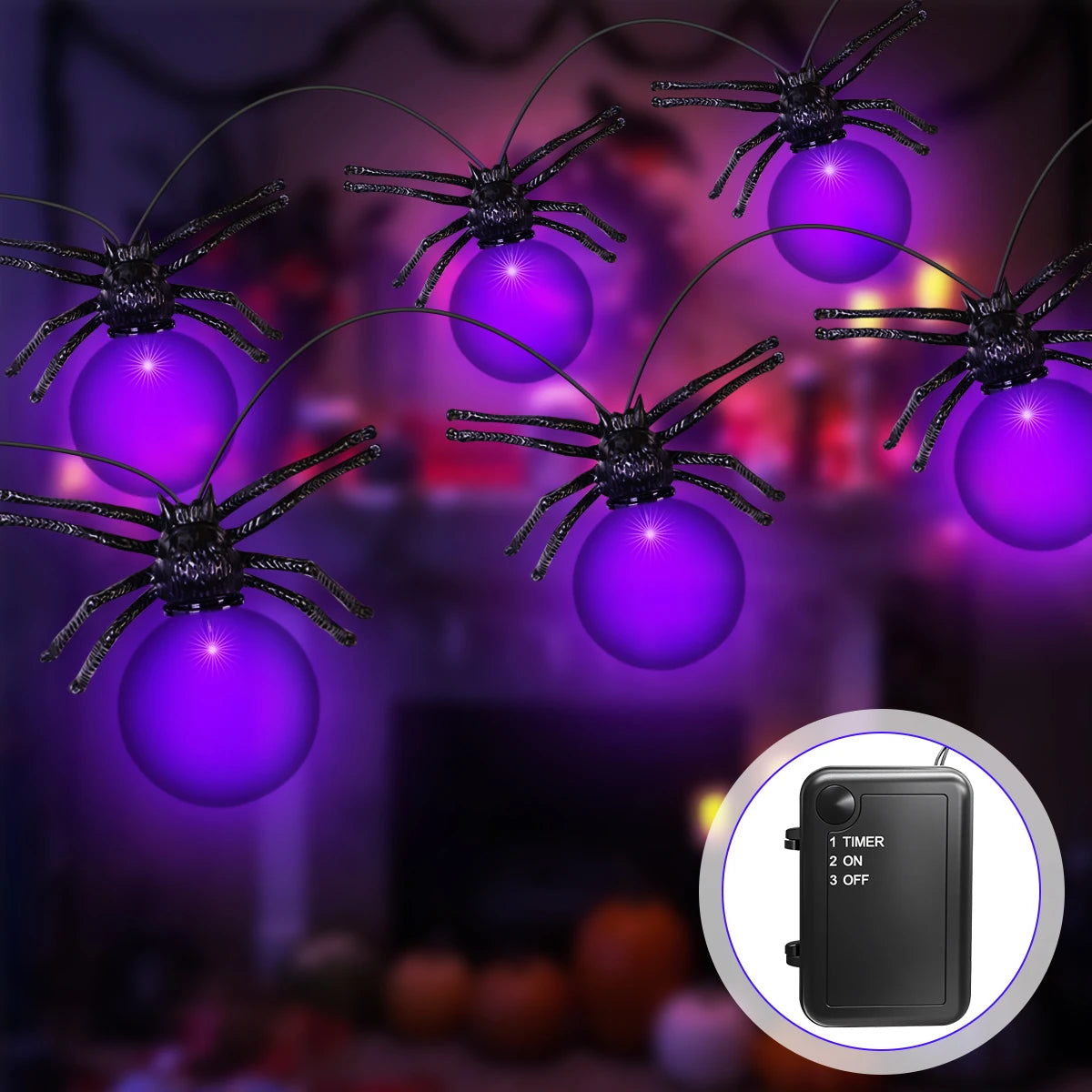 Battery Powered Purple LED Spider String Lights for Halloween and Christmas Decor