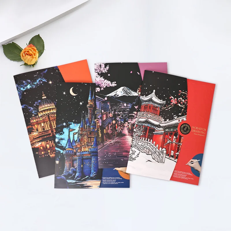 CowLost | product_id-4pcs-a3-diy-scratch-painting-set-colosseum-forbidden-city-cherry-blossom-castle-night-view |5