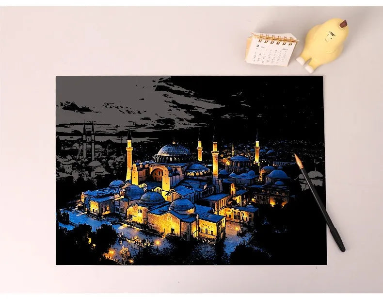 CowLost | product_id-4pcs-a3-diy-scratch-painting-set-colosseum-forbidden-city-cherry-blossom-castle-night-view |17