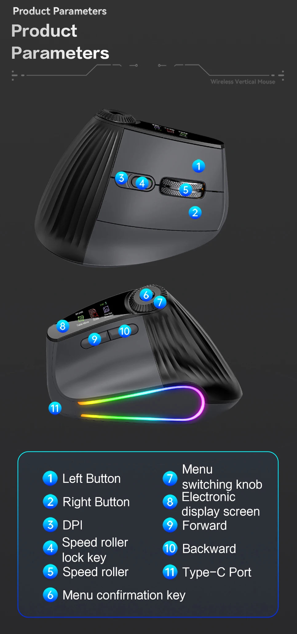 CowLost | backlit-wireless-ergonomic-mouse-with-smart-flying-scroll-function-adjustment-knob-bluetooth-2-4g-rechargeable-gaming-mouse |7