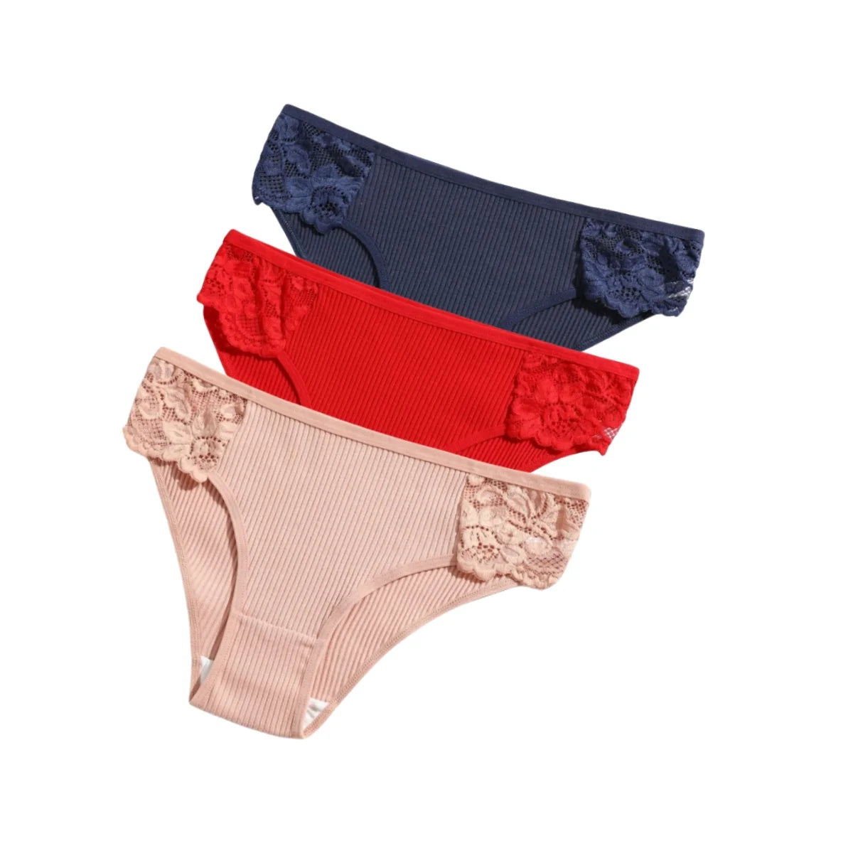 CowLost | product_id-3pcs-womens-cotton-lace-trim-low-rise-breathable-briefs-solid-panties |18