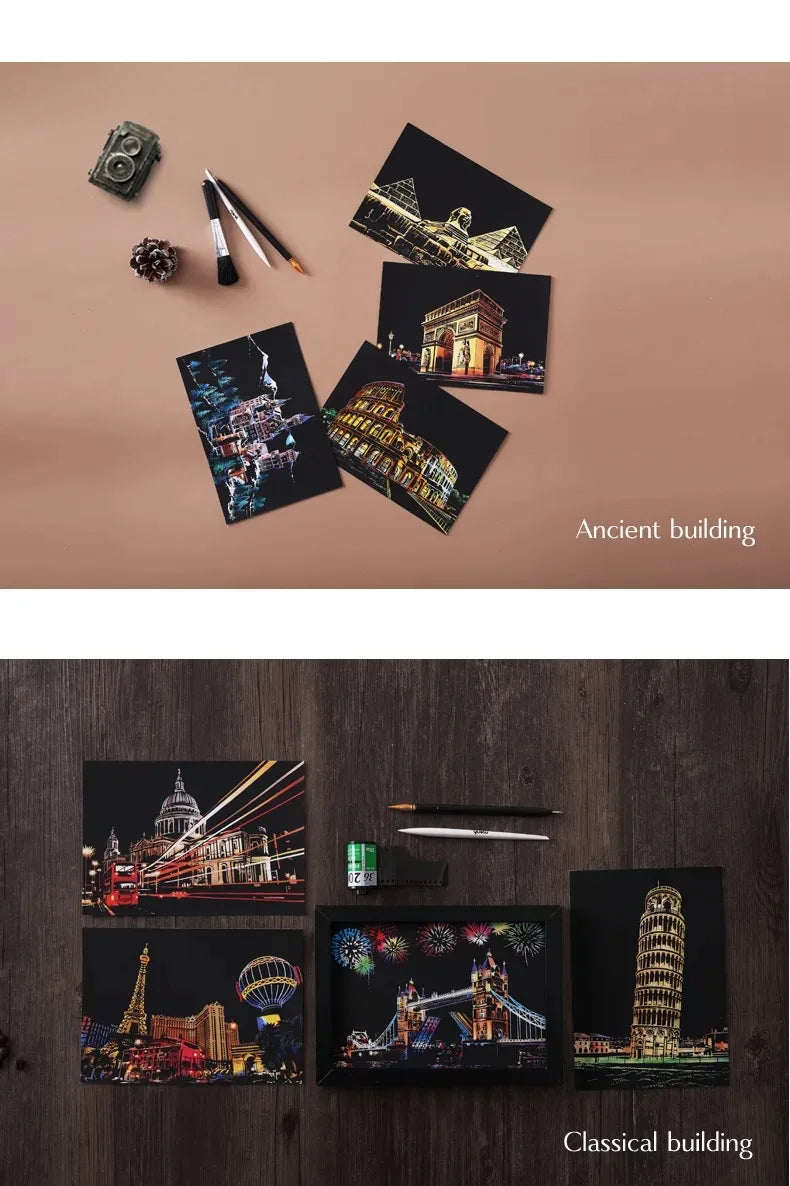 CowLost | product_id-4pcs-a5-diy-scratch-painting-set-cherry-blossoms-classical-buildings-landscapes-animals |14