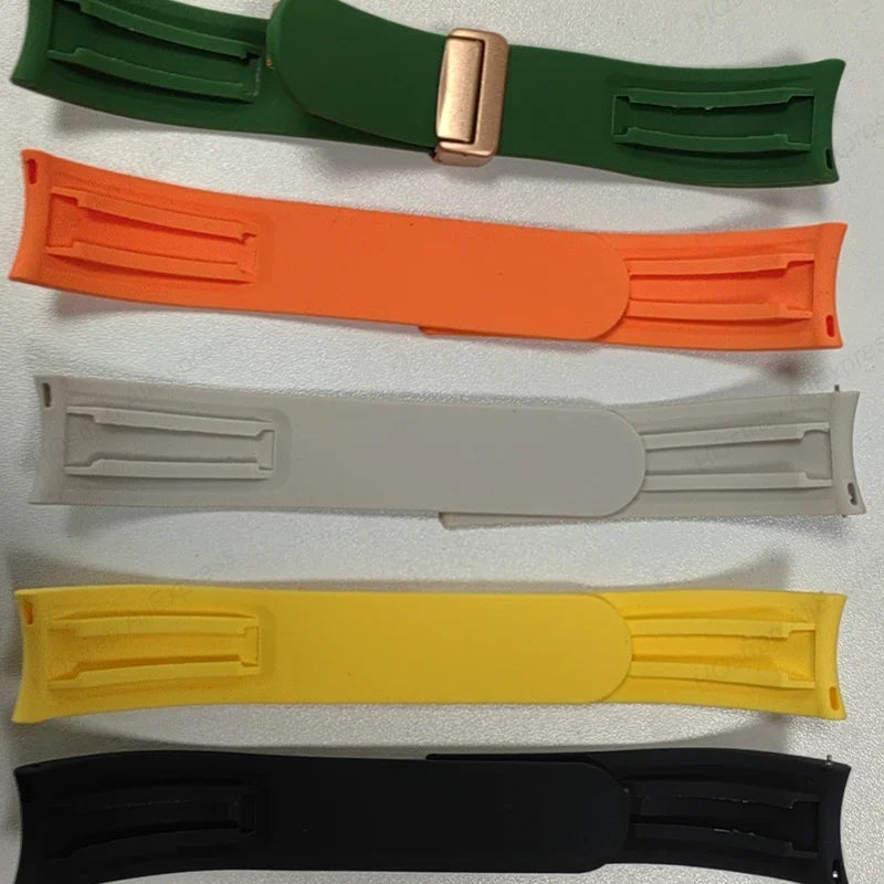 22mm Silicone Rubber Strap for Rolex Watch with Magnetic Folding Buckle Replacement Wristband Curved End
