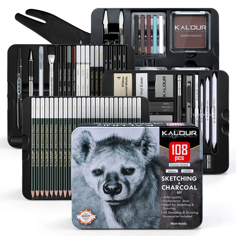 CowLost | product_id-kalour-108pcs-professional-sketching-pencil-set-with-charcoal-sticks-blending-tools-erasers |6