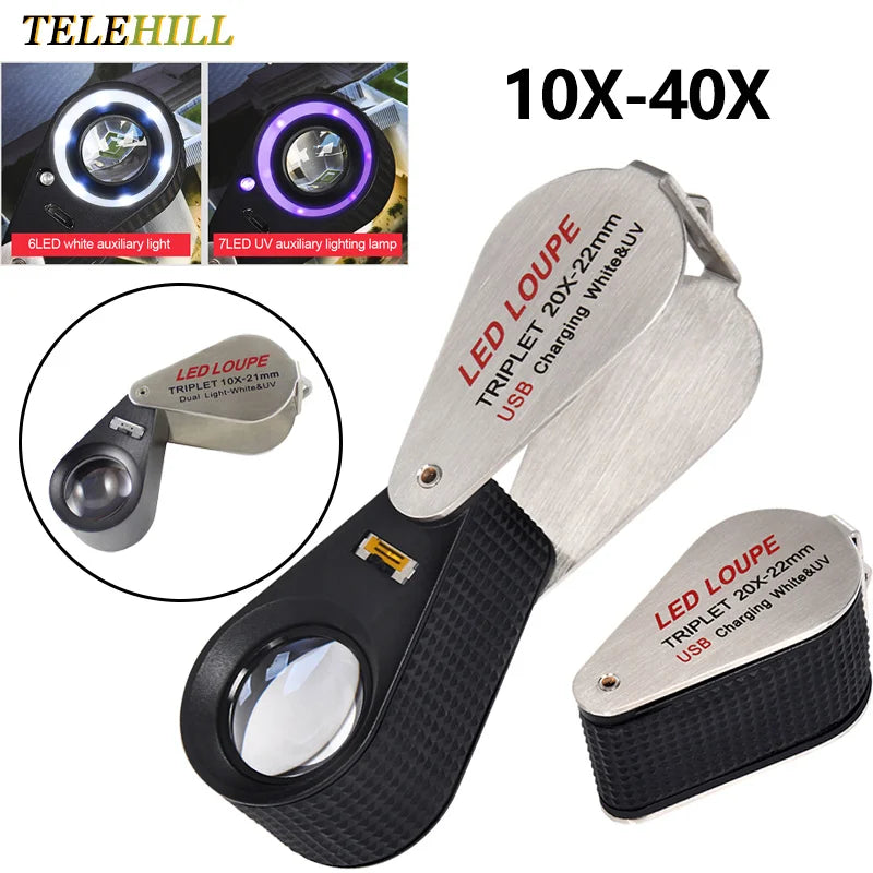 10X 20X 30X 40X Magnifier Loupe With Dual Light White UV LED Illuminated Magnifier Jewelry Diamond Gemstone Eye Glass for Repair