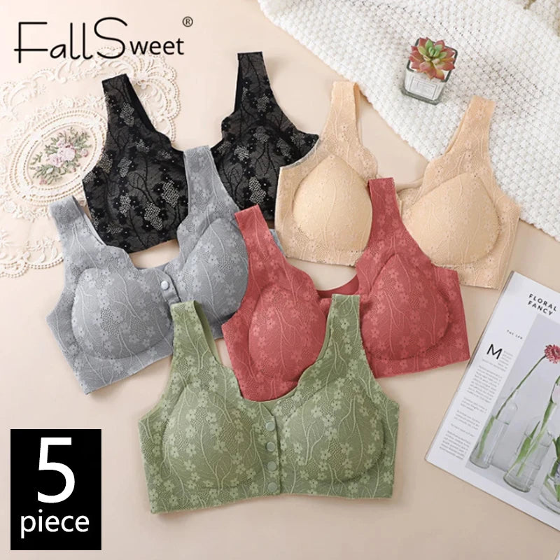 CowLost | product_id-fallsweet-5pcs-plus-size-wireless-front-closure-push-up-lace-bras-for-women |1