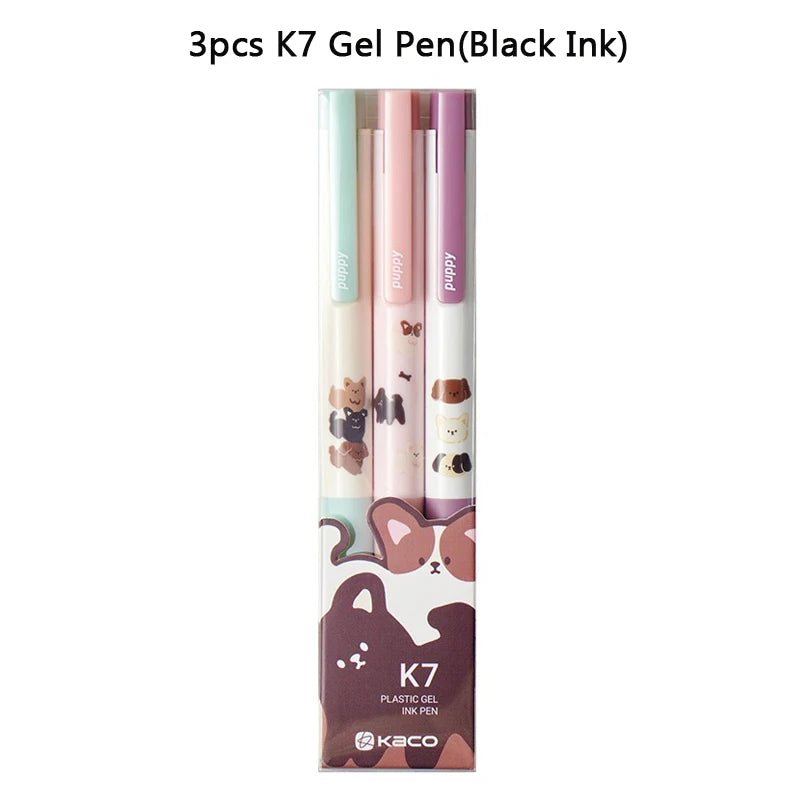 CowLost | product_id-kaco-cute-happy-puppy-gel-pen-set-3pcs-k7-push-0-5mm-black-ink-quick-drying-gel-ink-pen-papeleria-for-girls |13