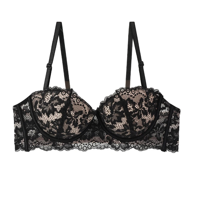 CowLost | black-lace-bra-women-small-chests-gathering-bralette-removable-shoulder-strap |1