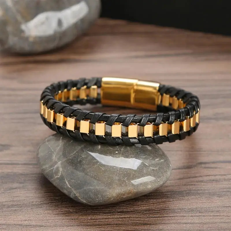 CowLost | badge-pass-holders-mens-classic-hand-woven-stainless-steel-leather-braided-bracelet |17