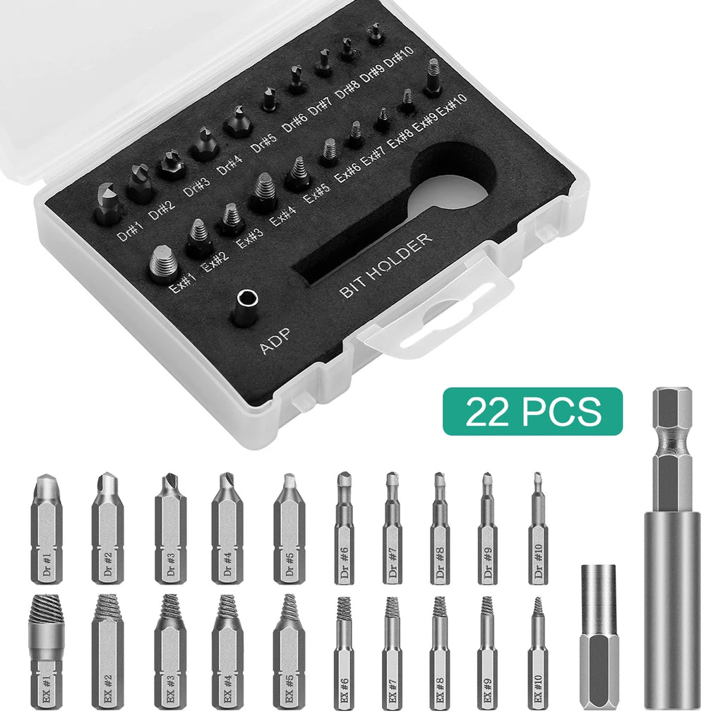 22pcs Screw Removal Set for Hexagonal, Machine, Tension, Wood & Sheet Metal Screws