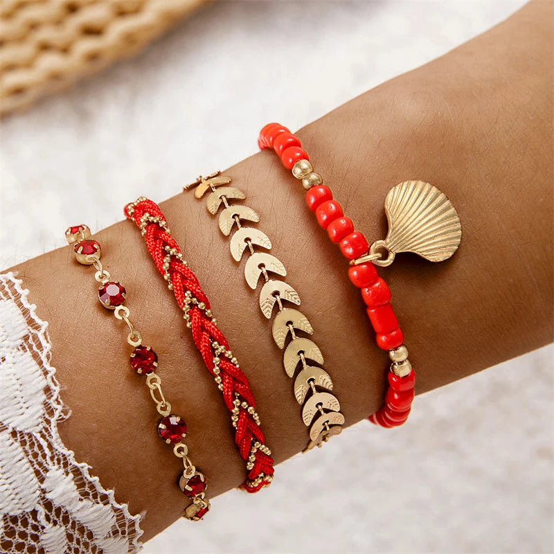 CowLost | 4pcs-set-bohemia-shell-bracelets-for-women-ethnic-style-colorful-zircon-rice-beads-metal-chain-bangles-girl-summer-beach-jewelry |3