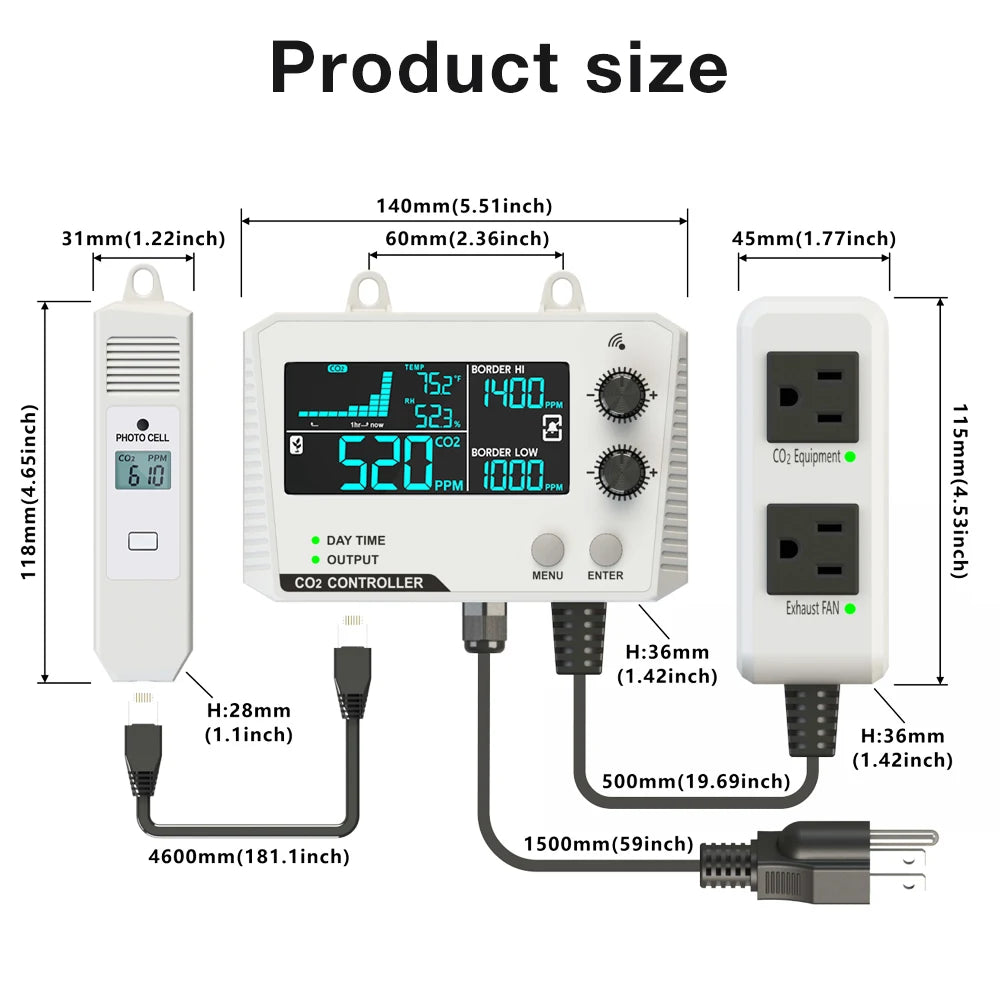 JUANJUAN CO2 Controller with LCD Display 0-5000ppm Carbon Dioxide Regulator for Greenhouse Air Quality Monitoring