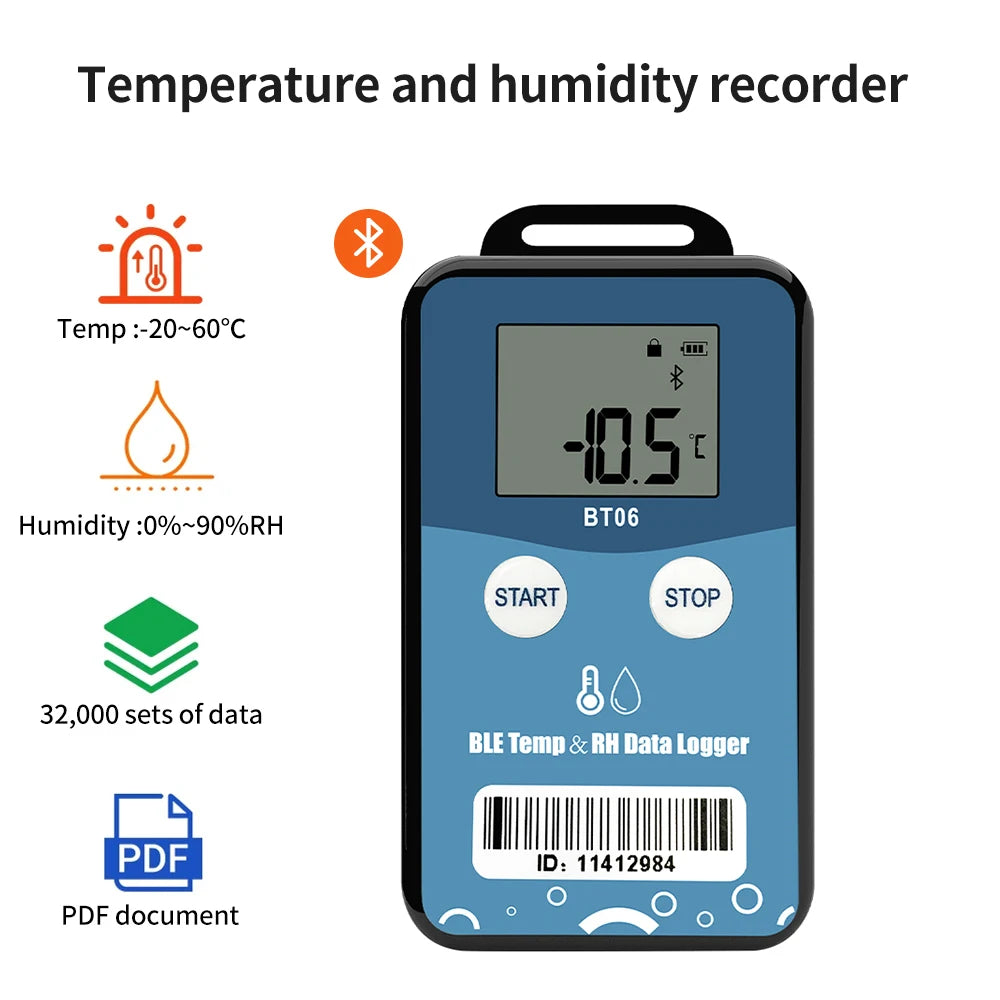 Bluetooth Temperature & Humidity Data Logger with LCD, Wireless Long-Range PDF Report Recorder for Delivery