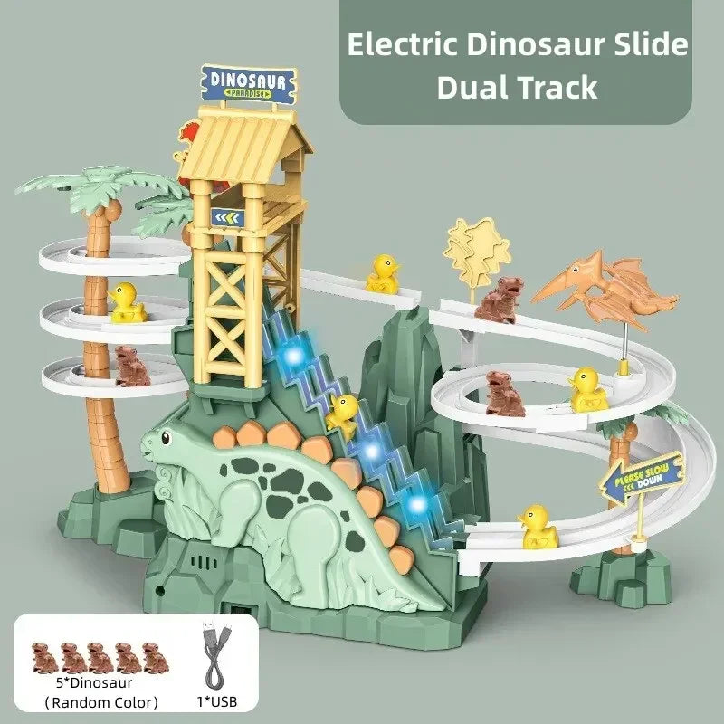 Electric Double Track Dinosaur Railcar Toy with Slide, Climbing Stairs, Music, and Educational Features for Kids Gift