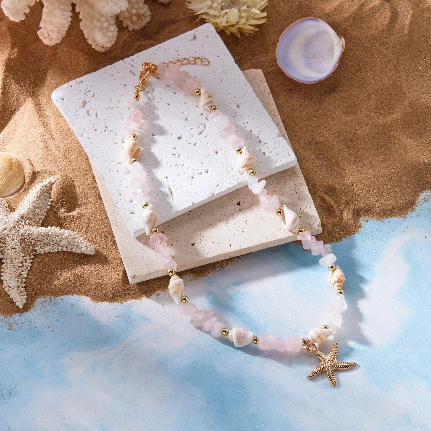 CowLost | bohemian-starfish-conch-pendant-necklaces-for-women-colorful-irregular-stone-choker-neck-chain-girls-summer-beach-party-jewelry |9