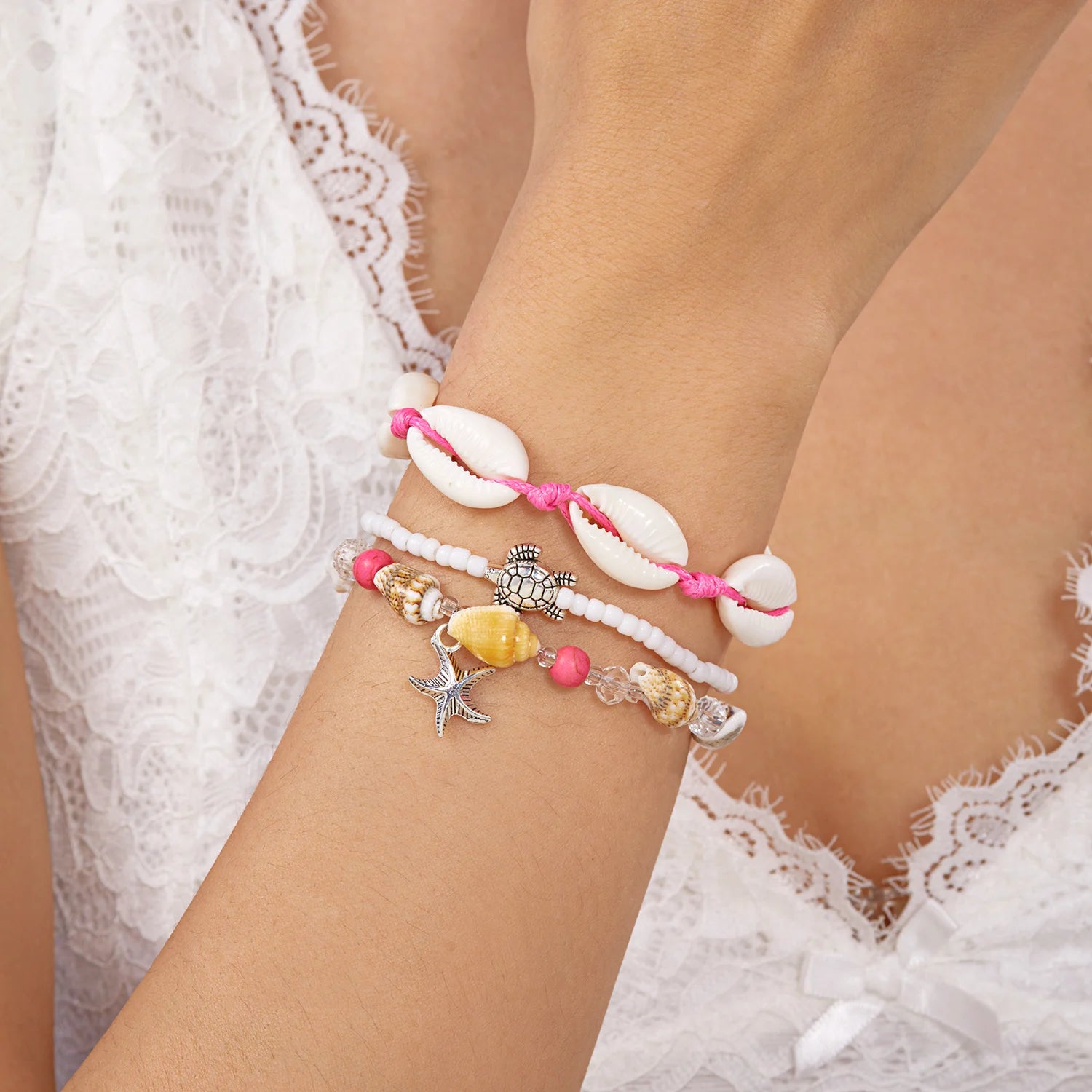 CowLost | 3-pcs-bohemian-starfish-shell-bracelet-for-women-girls-turtle-conch-rice-bead-chain-bangle-summer-beach-party-friendship-jewelry |4