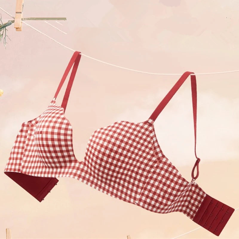 CowLost | product_id-retro-plaid-seamless-push-up-bra-with-adjustable-straps-for-small-breasts-red |1