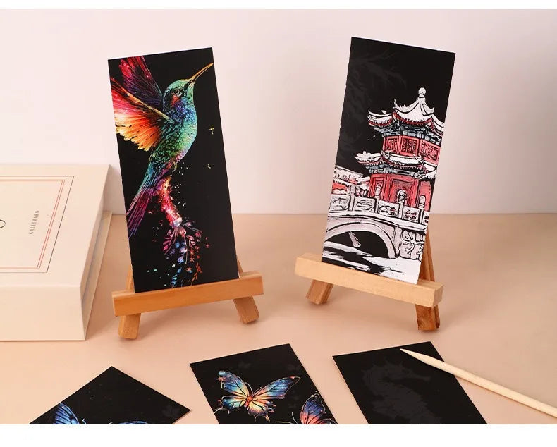 CowLost | 12-pcs-set-diy-scratch-painting-animal-bookmarks-colorful-for-kids-portable-creative-doodle-art-toy-handmade-night-scene-art |16