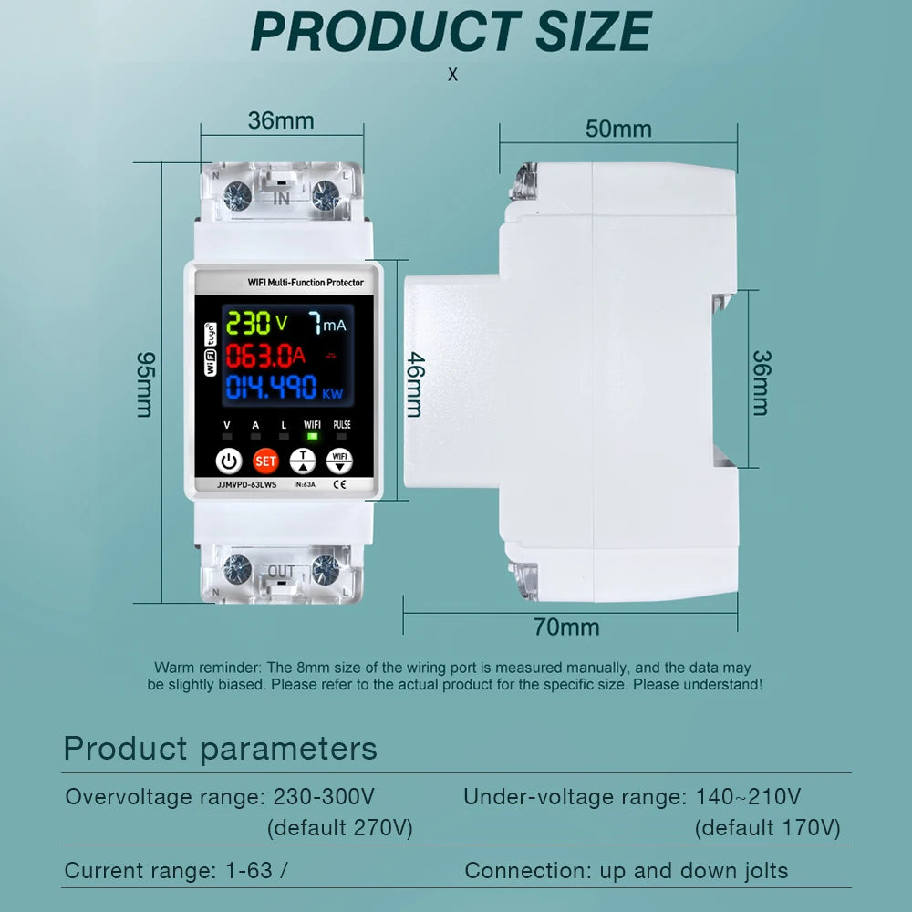 Tuya WiFi Smart Power Meter 63A Energy Switch with Automatic Protector and Voltage Tester