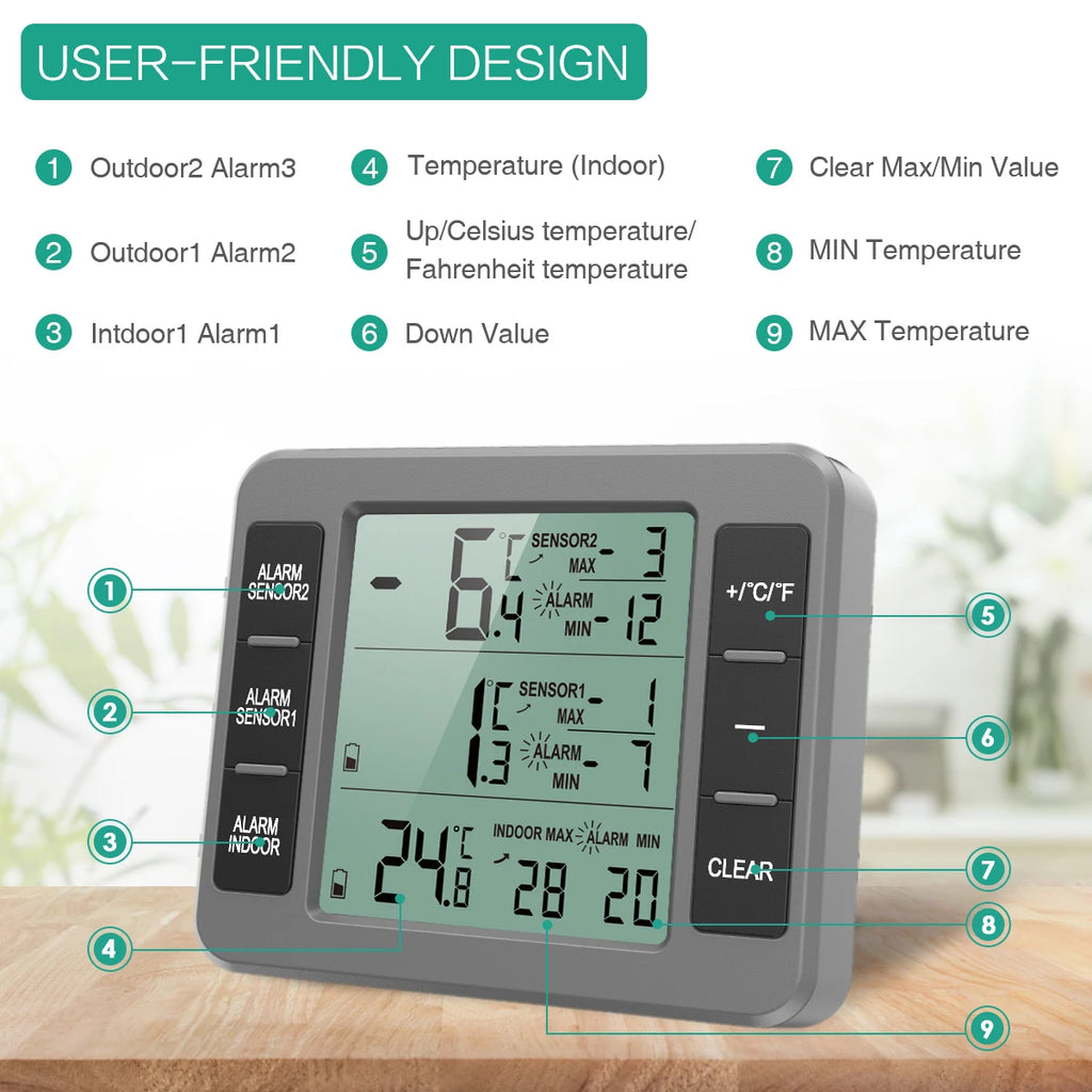 ORIA Digital Fridge Thermometer with 2 Sensors Wireless Indoor Freezer Thermometer