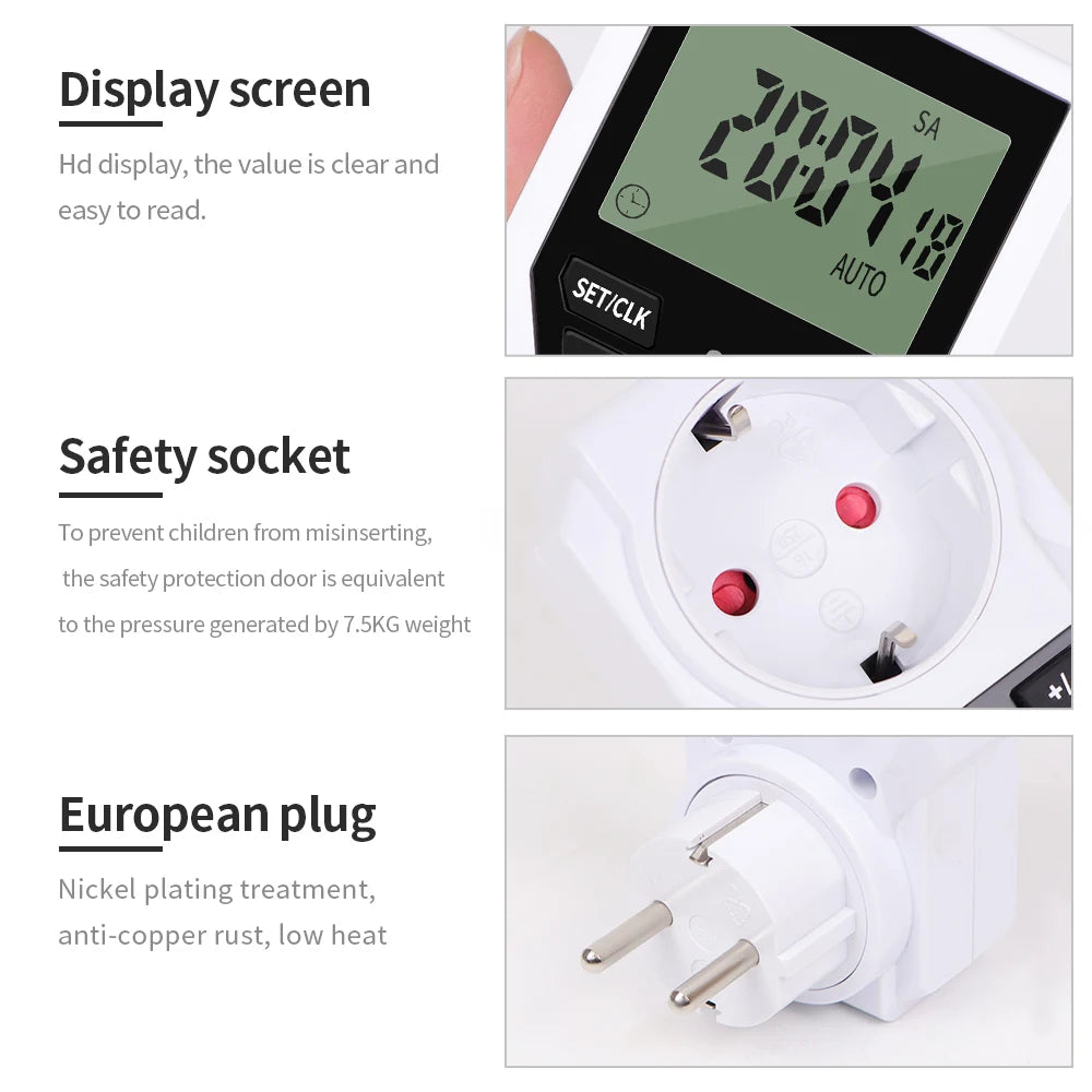 JUANJUAN Digital Programmable Timer Switch EU Plug LCD Display 10-Group Surge Protector 16A 3680W