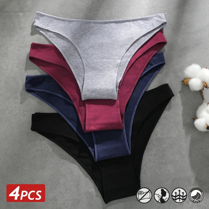 CowLost | activewear-pants-4pcs-women-s-seamless-low-waist-cotton-briefs-solid-color-panties |1