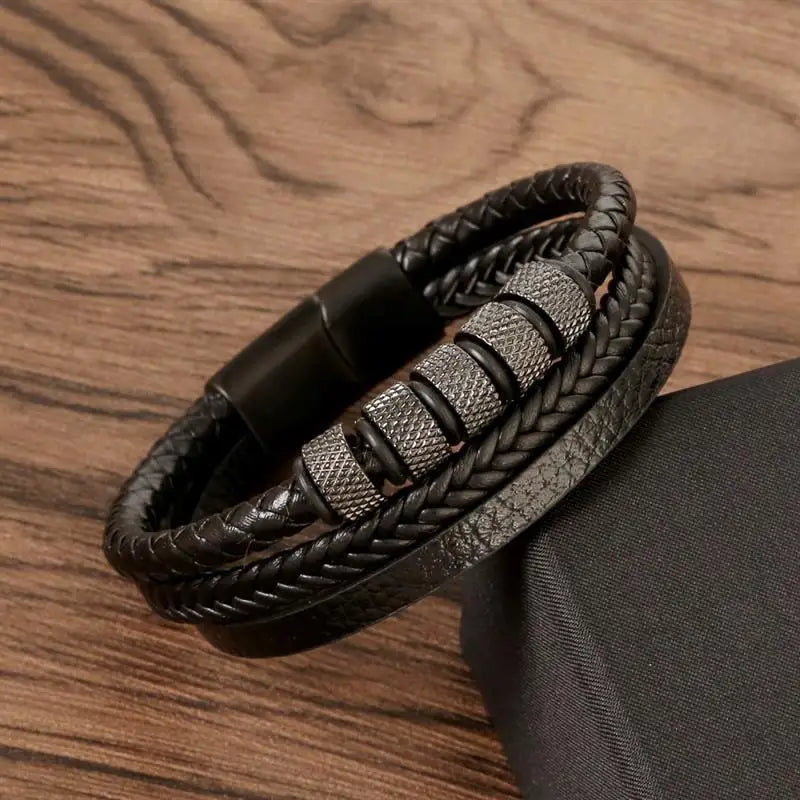 CowLost | punk-men-leather-bracelet-with-stainless-steel-magnetic-clasp-braided-mutilayer |34