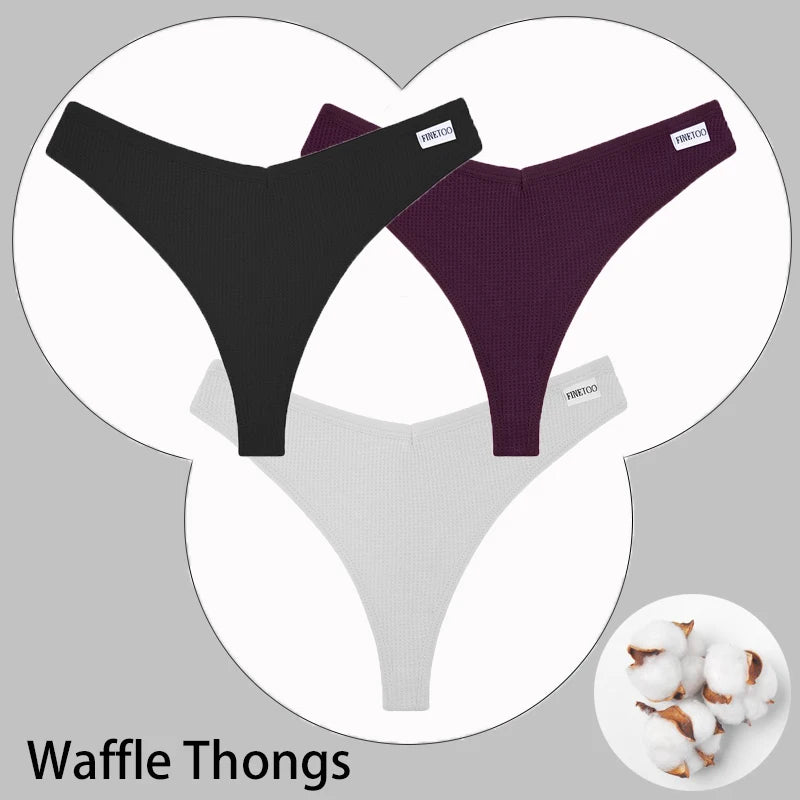CowLost | activewear-pants-3pcs-cotton-waffle-women-s-sexy-thong-panties-set |49