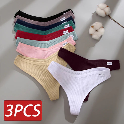 CowLost | activewear-pants-3pcs-cotton-waffle-women-s-sexy-thong-panties-set |1