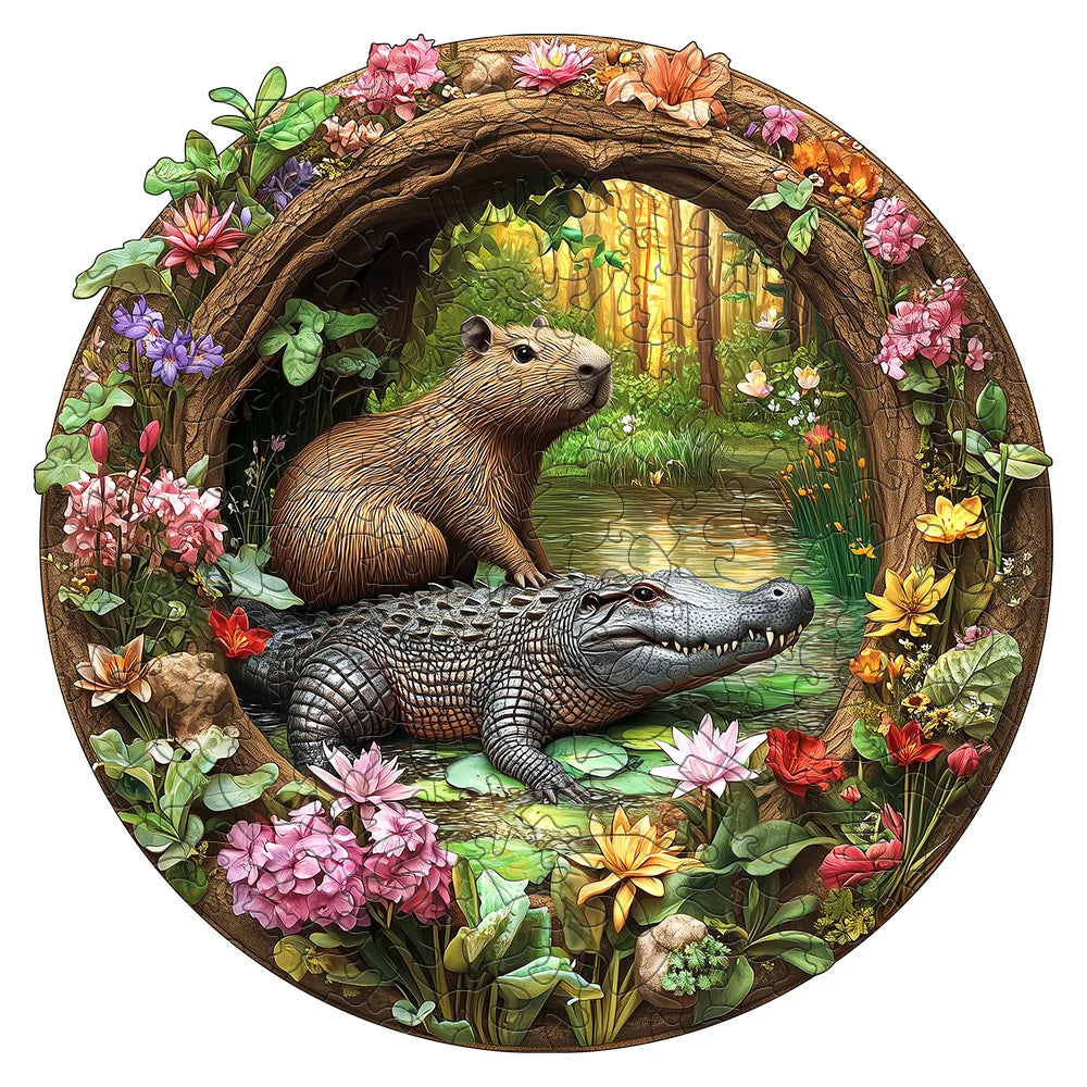 CowLost | premium-capybara-crocodile-wooden-jigsaw-puzzle-irregular-animal-shaped-pieces-5a-difficulty-waterproof-family-interactive |1