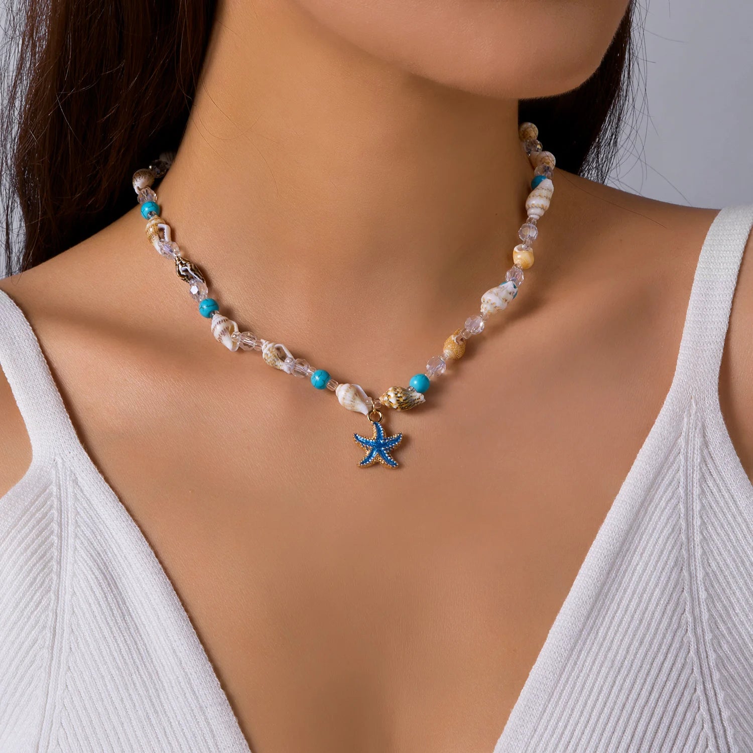CowLost | bohemian-mixed-color-rice-beads-necklace-for-women-sea-shell-starfish-conch-pendant-beaded-clavicle-choker-beach-party-jewelry |8