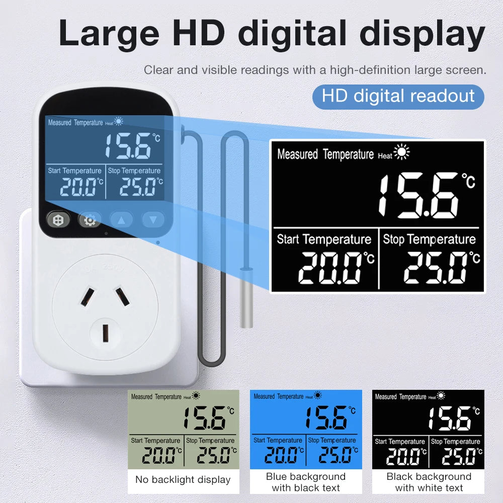 Full View LCD Thermostat Socket 16A 230V Temperature Controller EU Plug Heating Cooling Regulator with Sensor