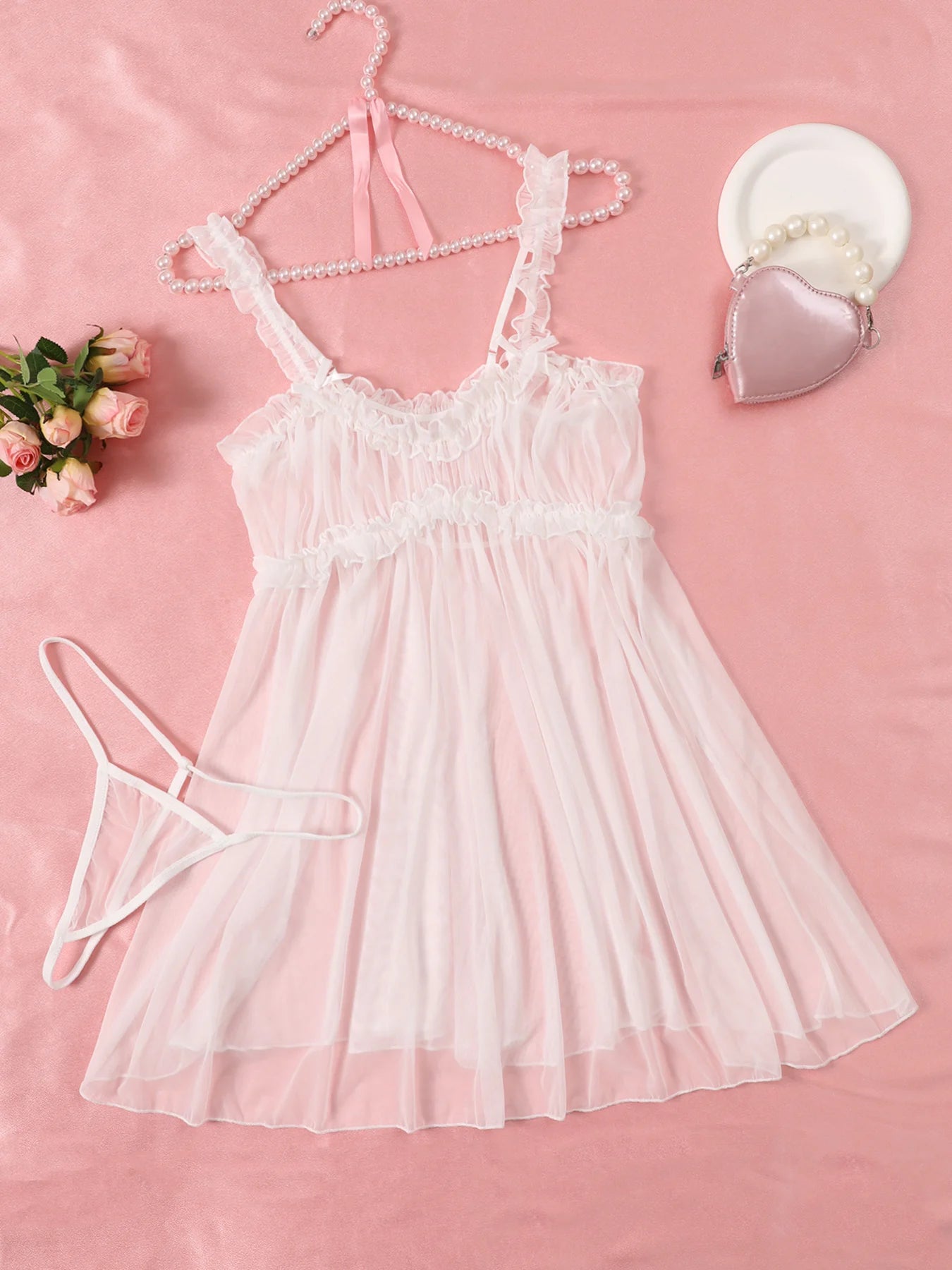 CowLost | women-perspective-mesh-nightdress-bow-wrapped-around-chest-pink-sexy-babydoll |14