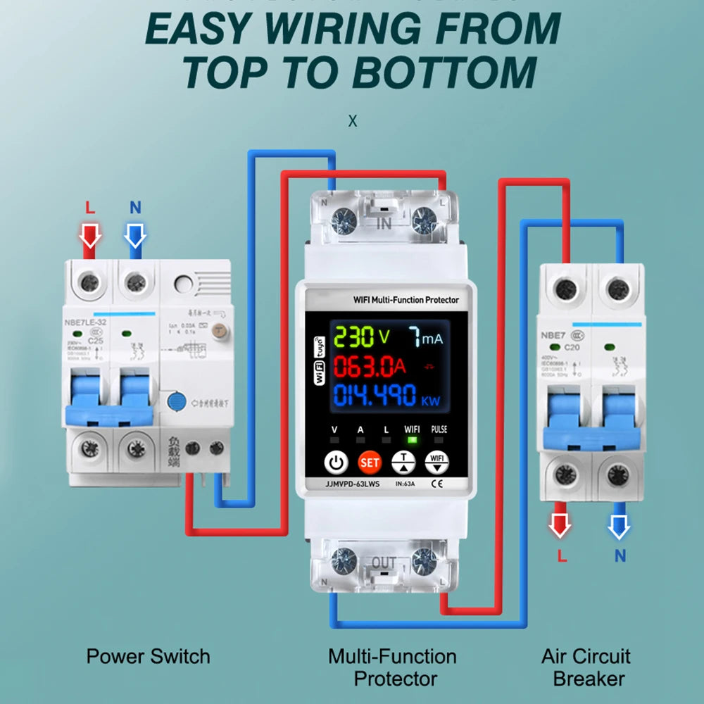 Tuya WiFi Smart Power Meter 63A Energy Switch with Automatic Protector and Voltage Tester