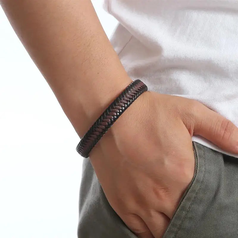 CowLost | badge-pass-holders-classic-mens-braided-leather-bracelet-with-magnetic-clasp |25