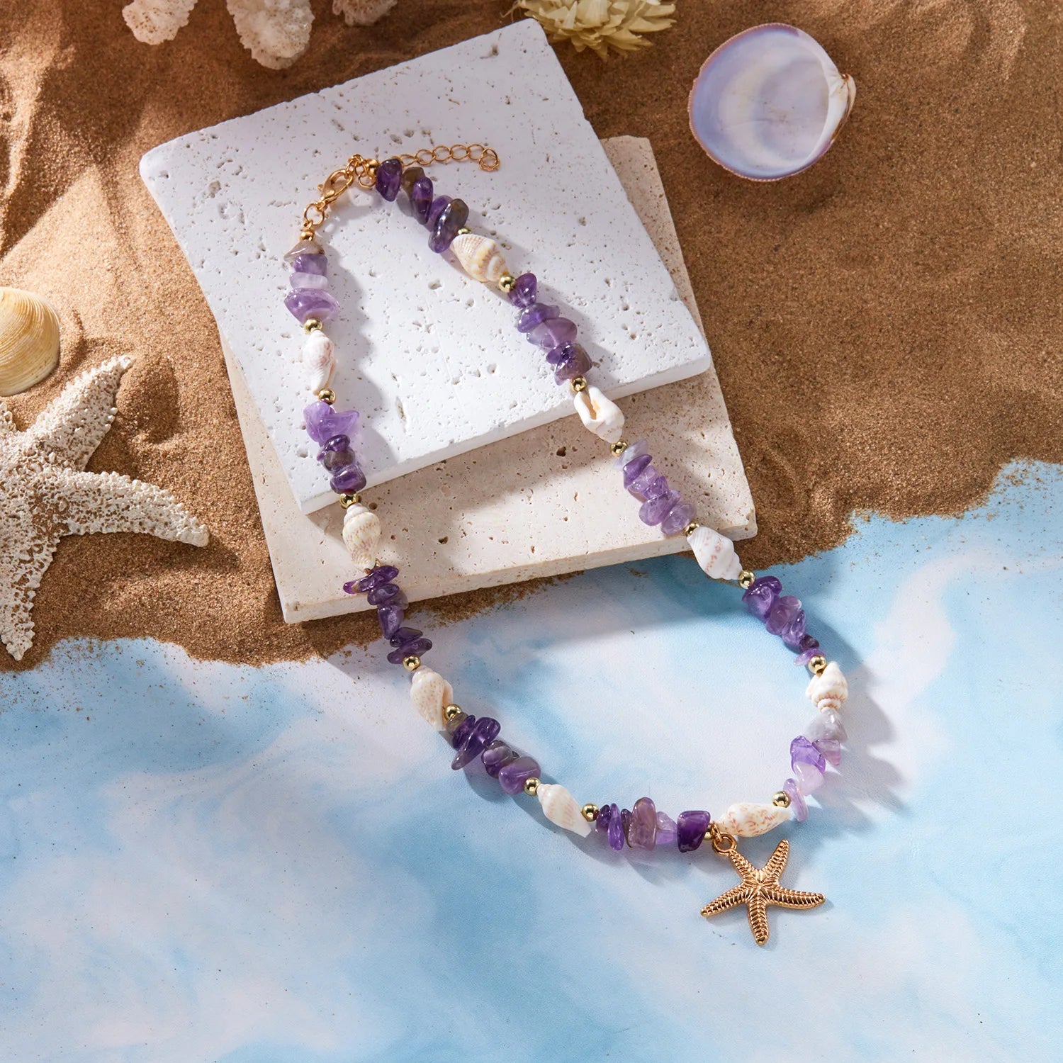 CowLost | bohemian-starfish-conch-pendant-necklaces-for-women-colorful-irregular-stone-choker-neck-chain-girls-summer-beach-party-jewelry |10